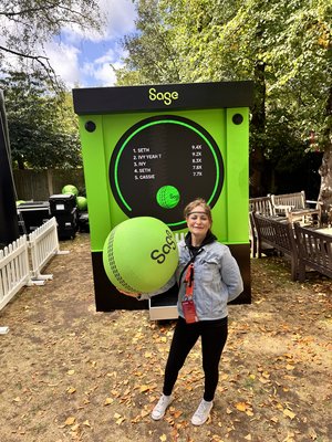 Supersize - Sage - The Hundred, Lords - host holding the giant Sage ball 2025